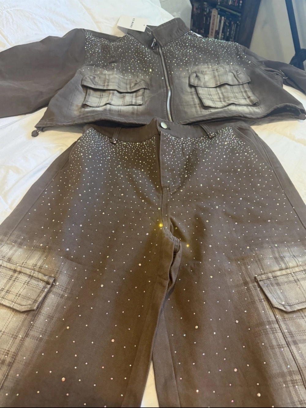 Women's Brown Cargo Pants and Jacket with Stud Detail - Picture 2 of 7